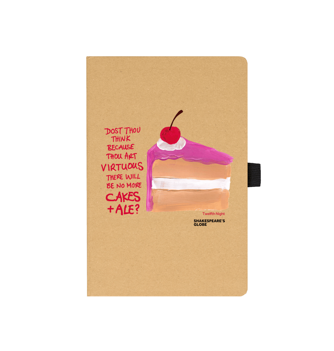 Kraft notebook with image of painted piece of vanilla cake with pink icing and red scratchy text on top, with black elastic closure