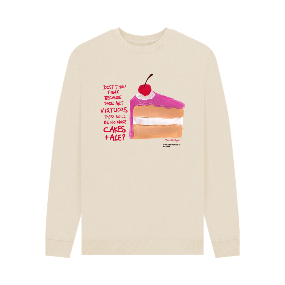 Oatmeal coloured sweatshirt with image of pink iced piece of vanilla cake iced, with scratchy red text next to it