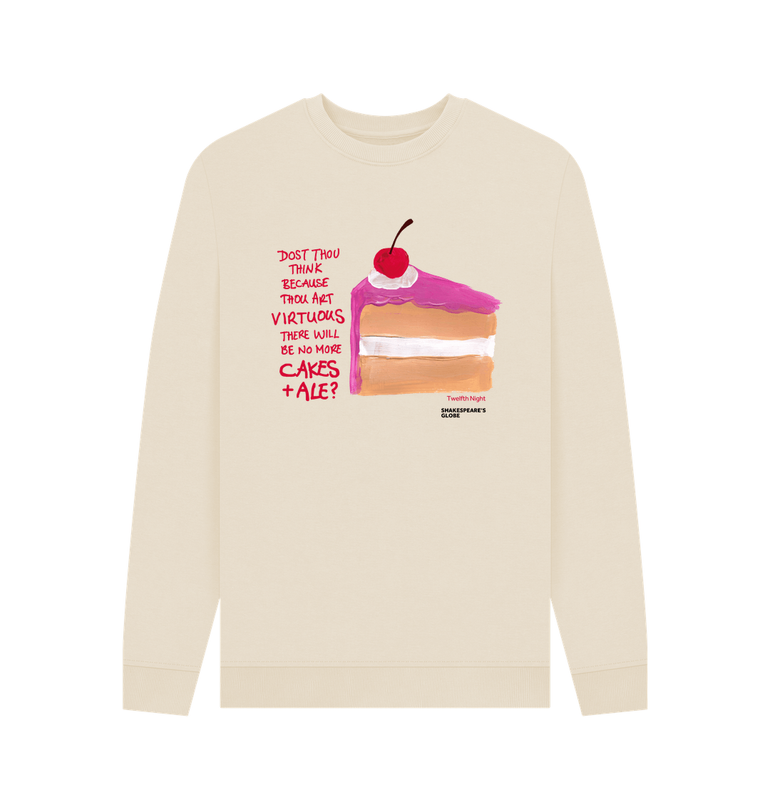 Oatmeal coloured sweatshirt with image of pink iced piece of vanilla cake iced, with scratchy red text next to it