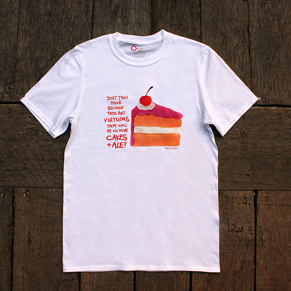 
                  
                    White cotton standard fit t-shirt with centre front graphic of a slice of vanilla cake with hot pink frosting and a cherry on top, with scratchy red writing down the left side
                  
                