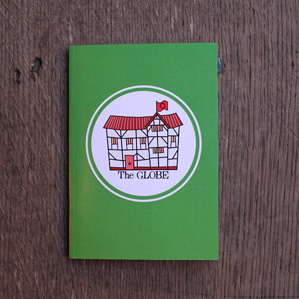 
                  
                    Green paperback notebook with white circular image in the centre, featuring cartoon drawing of Shakespeare's Globe
                  
                