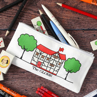 White cotton pencil case with white zipper, with cartoon Globe graphic flanked by 2 cartoon trees