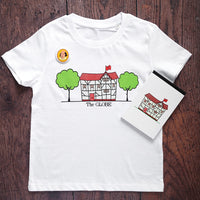 White cotton t-shirt with black outline cartoon Globe Theatre in centre front with a green tree on either side