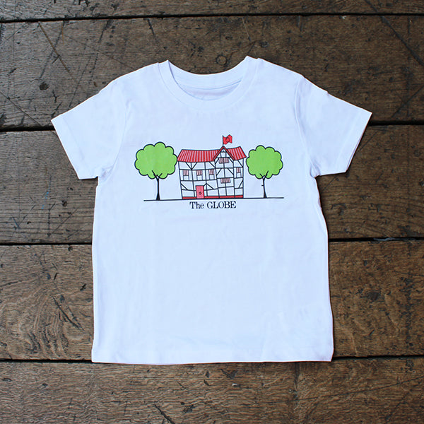 White cotton t-shirt with black outline cartoon Globe Theatre in centre front with a green tree on either side