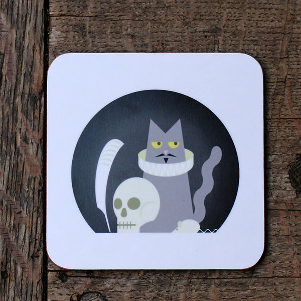 Square white coaster with rounded corners featuring cat and skull graphic with grey circular surround