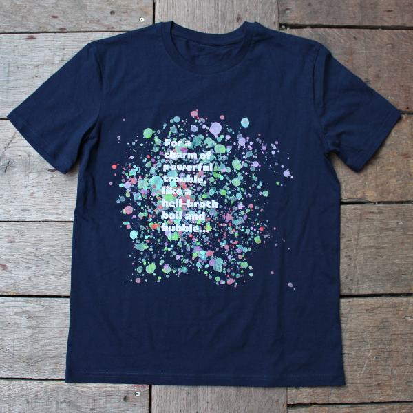 
                  
                    Navy blue t-shirt with pale blue, green, pink and purple bubbles behind white graphic text
                  
                