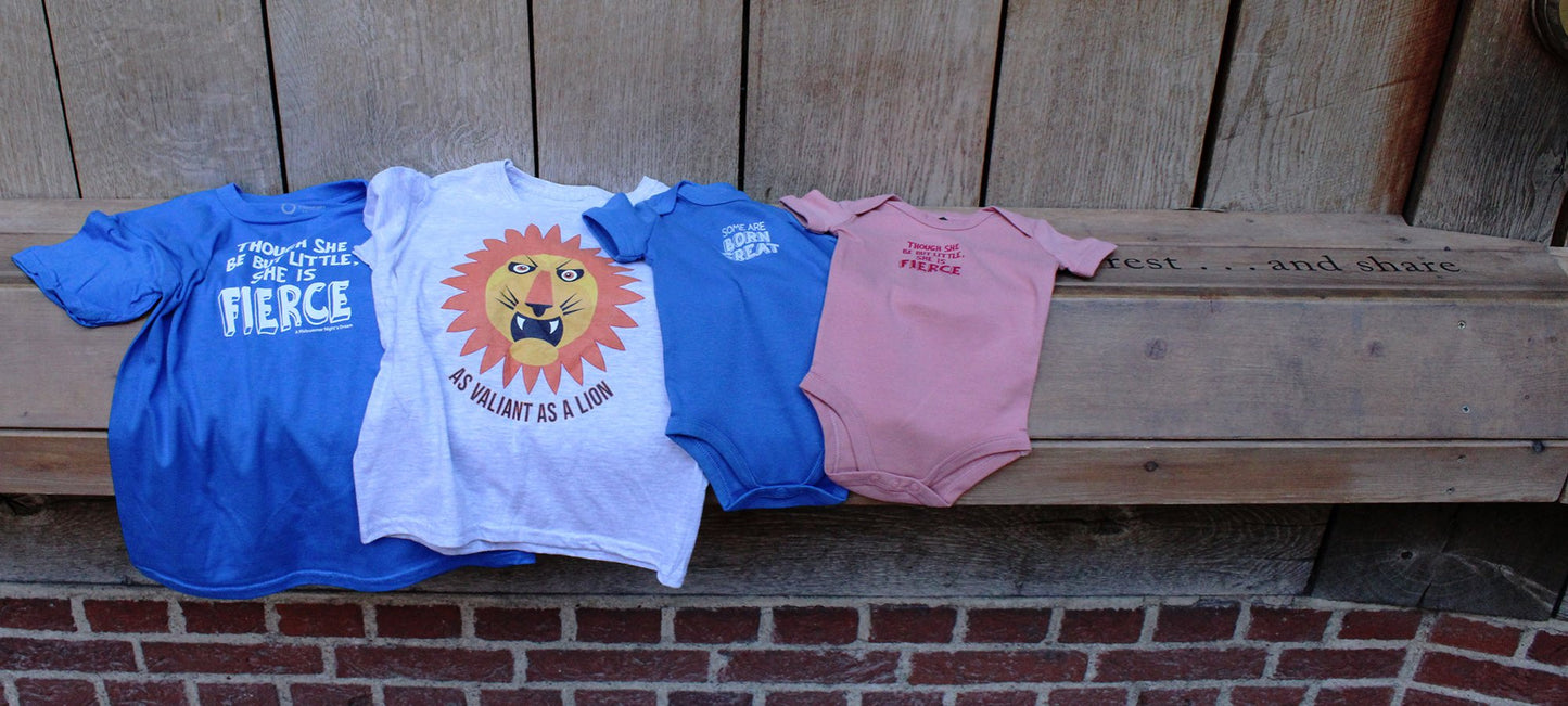 Two childrens t-shirts and two baby grows lying side by side on wooden shelf, from left to right, royal blue, grey, royal blue, pink