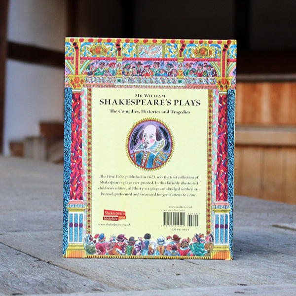 
                      
                        Hardback book with vibrant multi-colour imagery featuring Shakespearean characters and black text
                      
                    