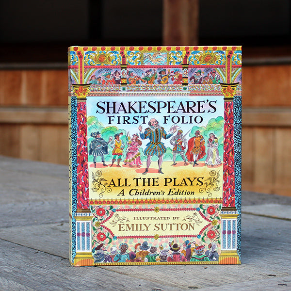 Hardback book with vibrant multi-colour imagery featuring Shakespearean characters and black text