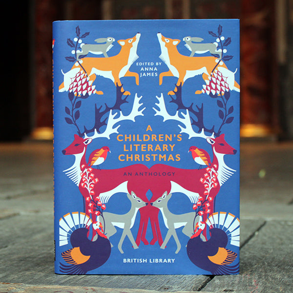 Book titled 'A Children's Literary Christmas' with colorful animal illustrations on a blue background.