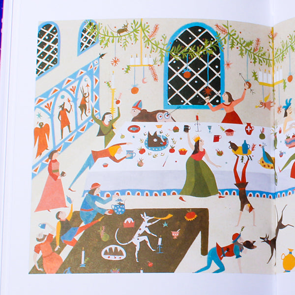 Colorful illustration of a festive scene with people and activities, possibly from a book or artwork.