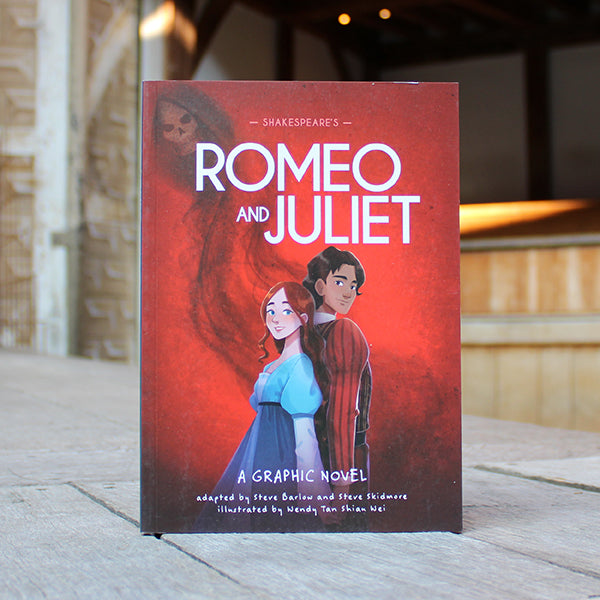 Paperback book with red cover and cartoon Romeo and Juliet