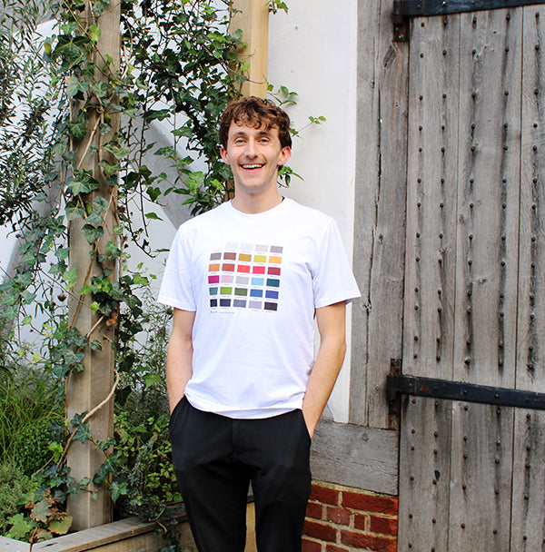 
                  
                    White t-shirt with colour block swatch central image
                  
                