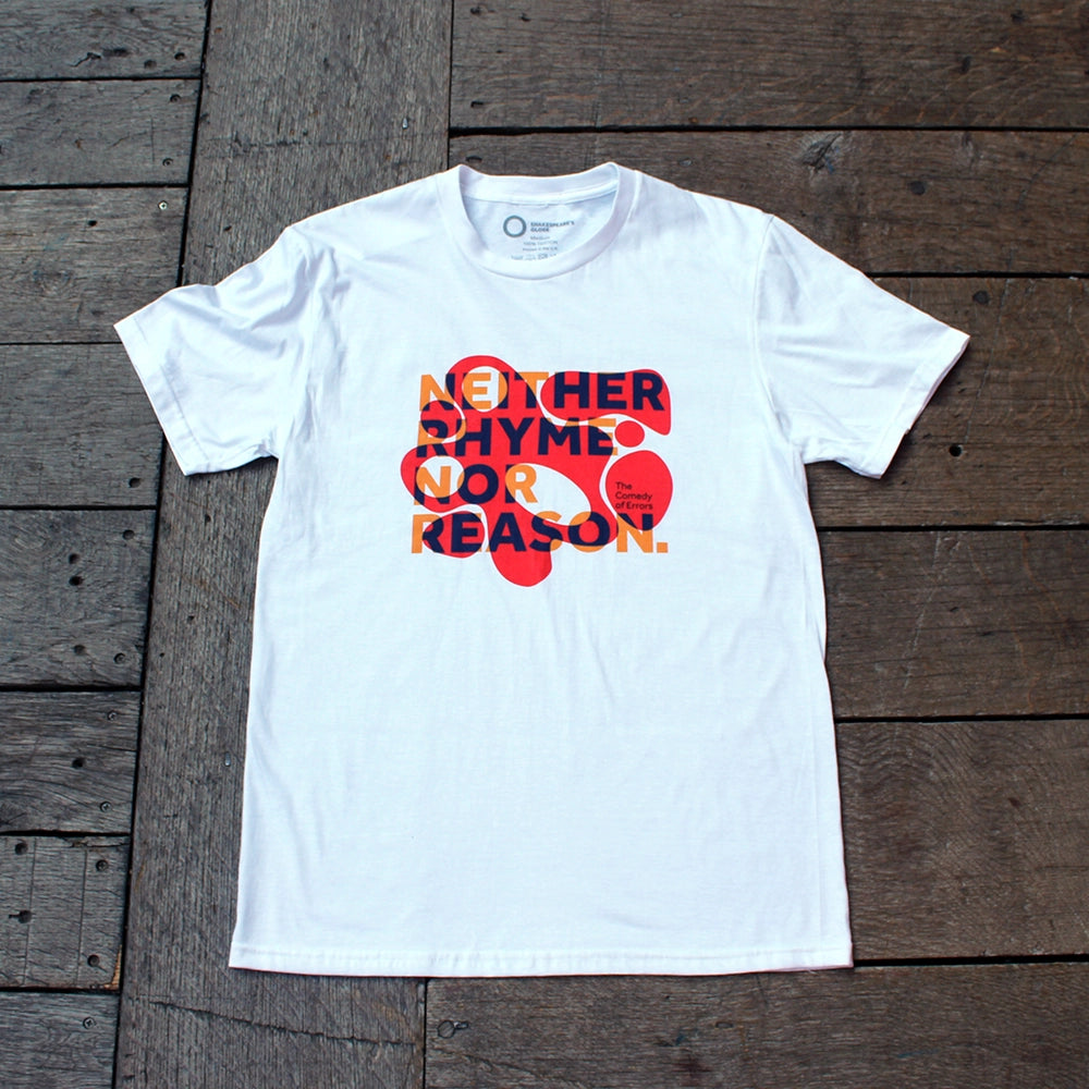 White cotton short sleeve t-shirt with orange bubble graphic on centre front, with purple and yellow text