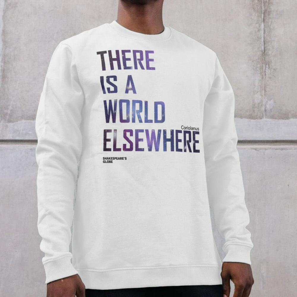 white long sleeve sweatshirt with blue text
