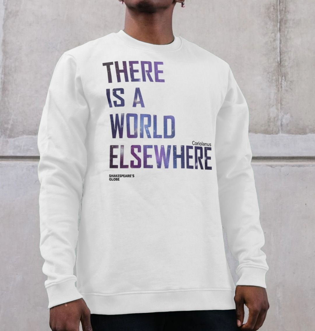 white long sleeve sweatshirt with blue text