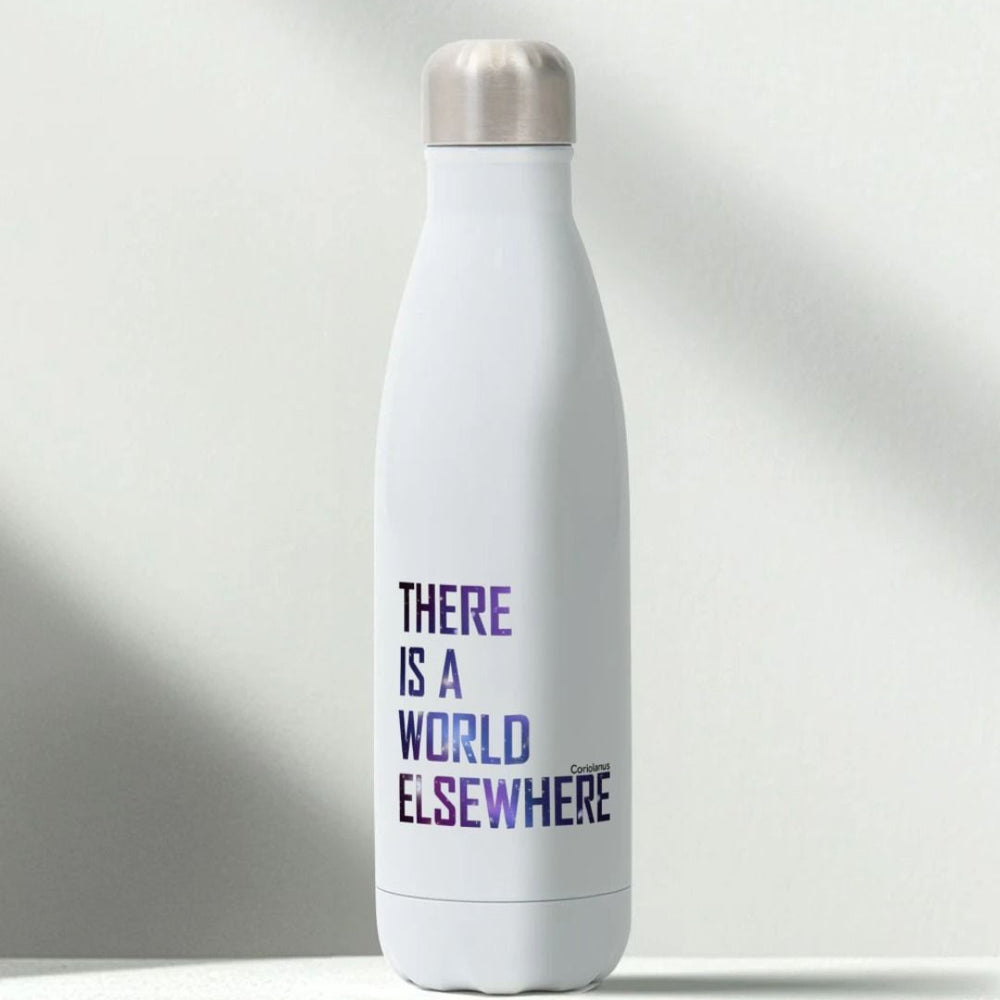White water bottle with a silver coloured top and a blue text print
