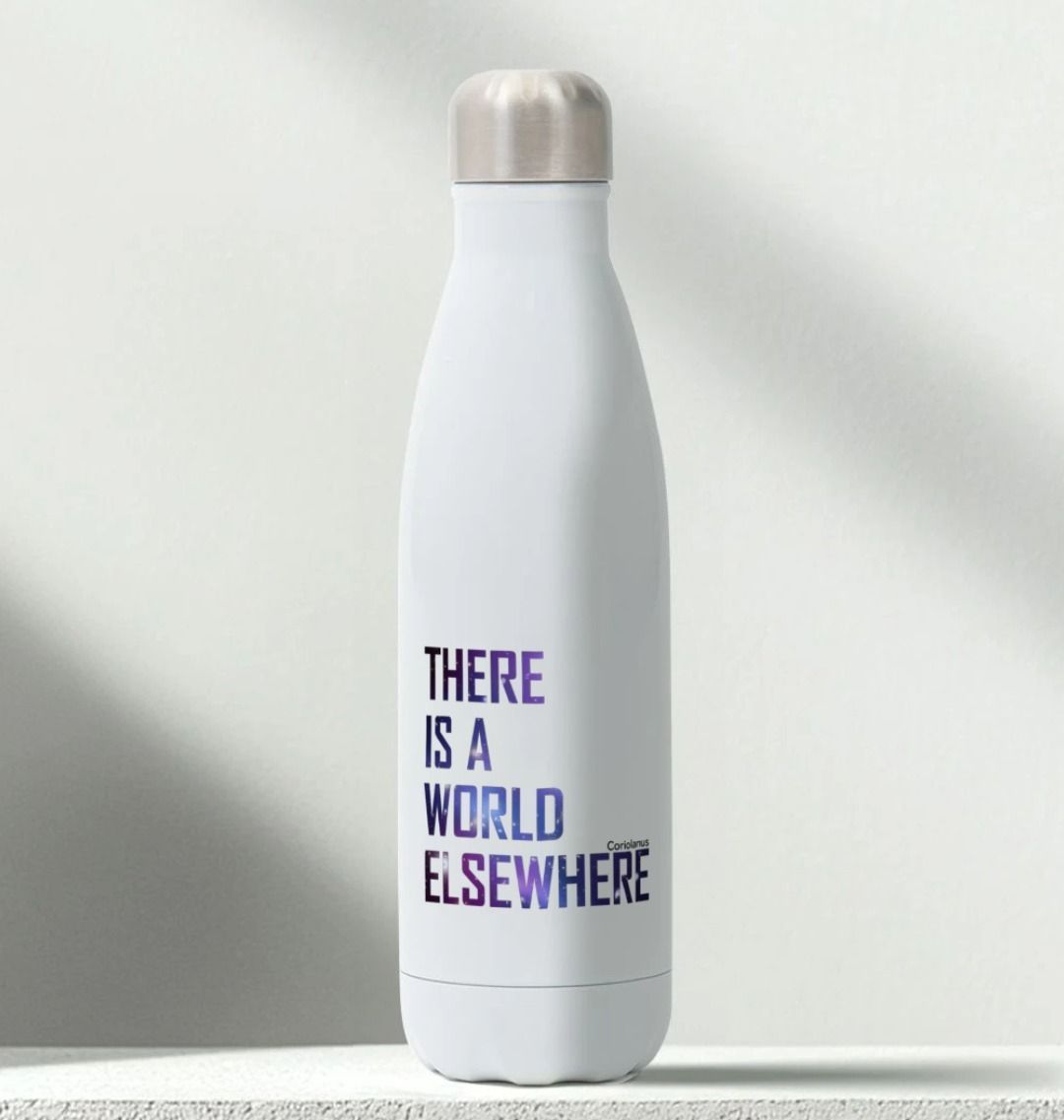 White water bottle with a silver coloured top and a blue text print