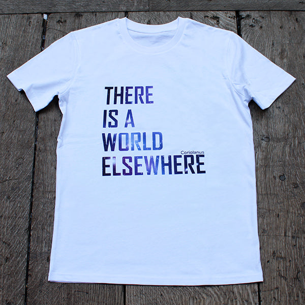 White cotton t-shirt with capitalised graphic text featuring the galaxy as the colour fill for the letters