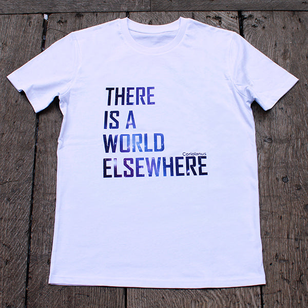 white colour t-shirt with a large typographic print on the chest. An image of stars is used as the fill for the words.