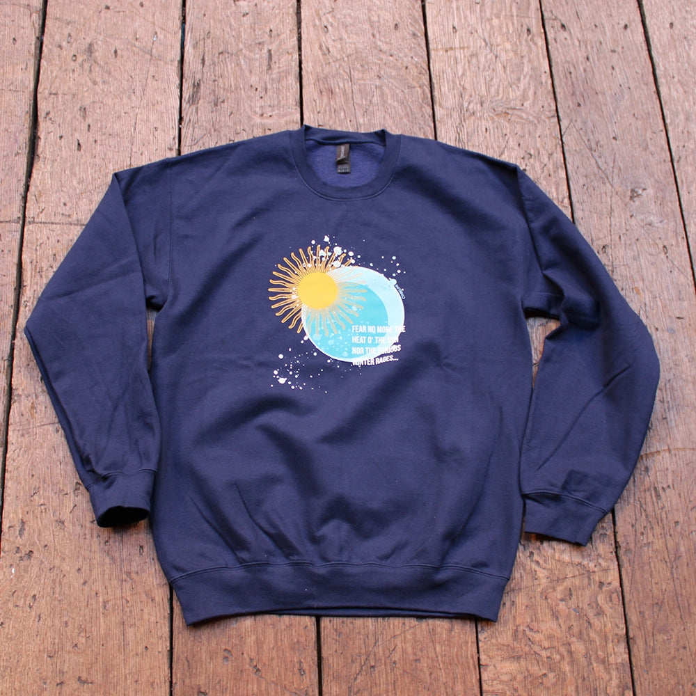 Navy blue sweatshirt with sun and moon blue and yellow graphic with white text overlay