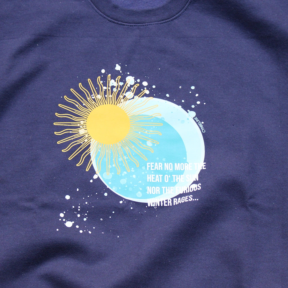 Navy blue sweatshirt with sun and moon blue and yellow graphic with white text overlay