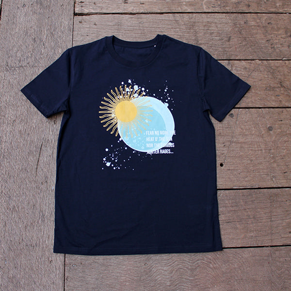Navy blue t-shirt with pale blue moon and yellow sun graphic with white text