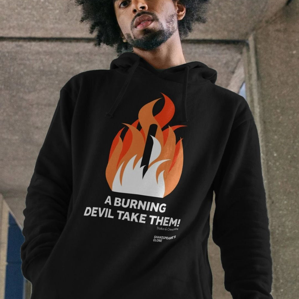 Black cotton hoodie with centre front graphic of shades of orange fire burning around a wooden stake, with white block text below