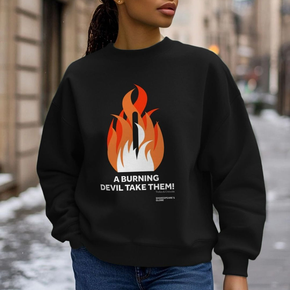 Black cotton oversized ladies sweatshirt with centre front graphic of shades of orange fire burning around a wooden stake, with white block text below