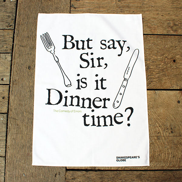white tea towel with black text and an illustration of a knife and fork print