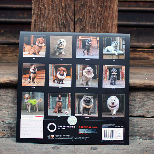 
                  
                    Back of square calendar showing monthly images of dogs in ruffs with their names below each of the 12 photos
                  
                