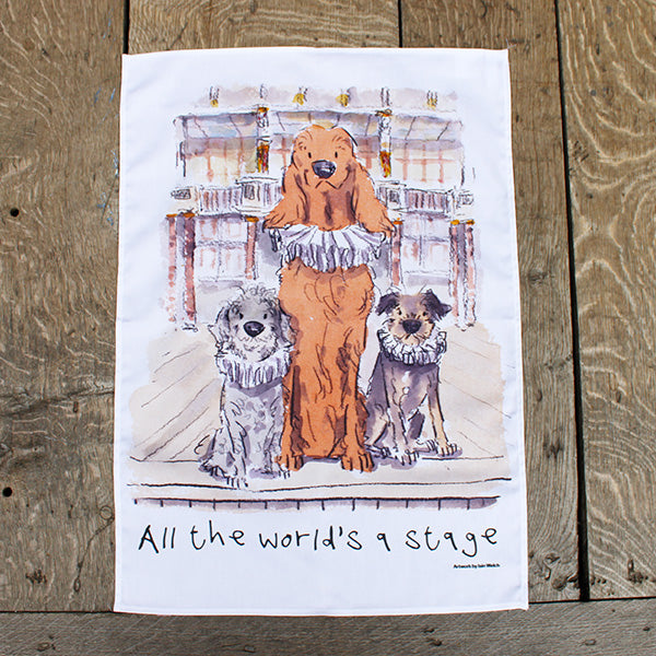 White cotton tea towel with stylised graphic of three dogs in ruffs on Globe stage