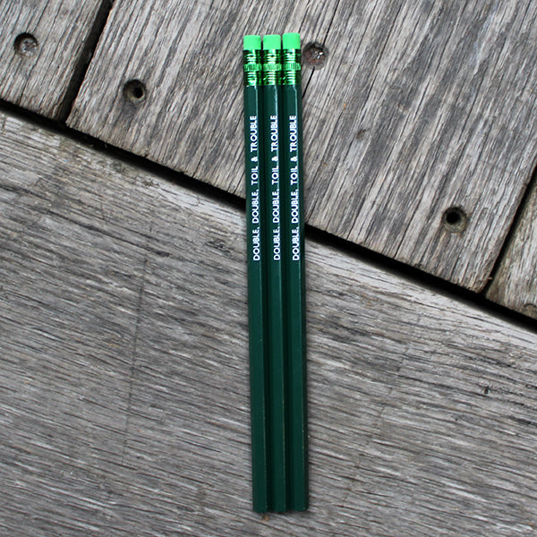 Forest green pencil with lime green eraser, stamped with white text