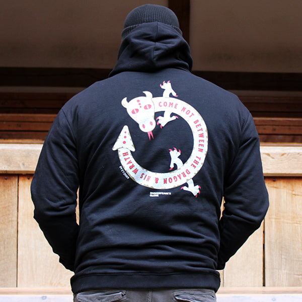 black hoodie with a back print of a white dragon
