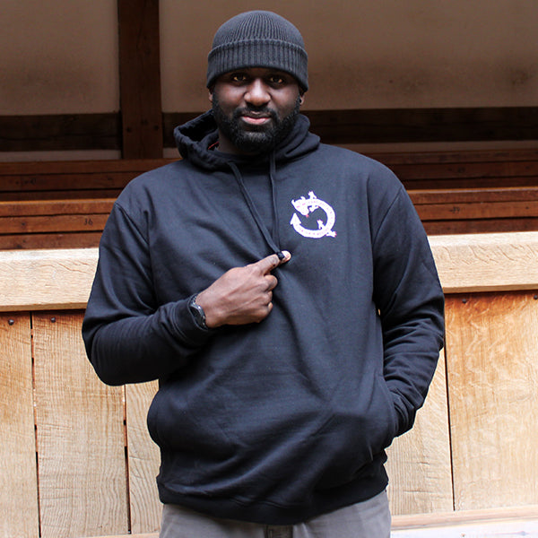 black hoodie with a left chest print of a white dragon