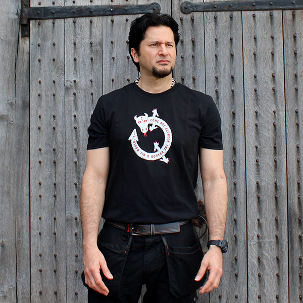 black cotton t-shirt on male model, t-shirt with a white dragon print on the chest