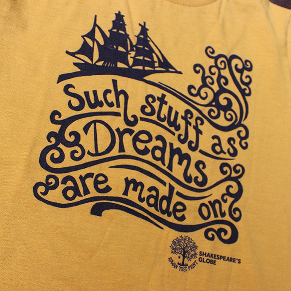 Yellow t-shirt with black ship and text design, featuring Shakespeare's Globe.