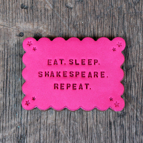 Deep pink colour rectangular Shakespeare quote biscuit