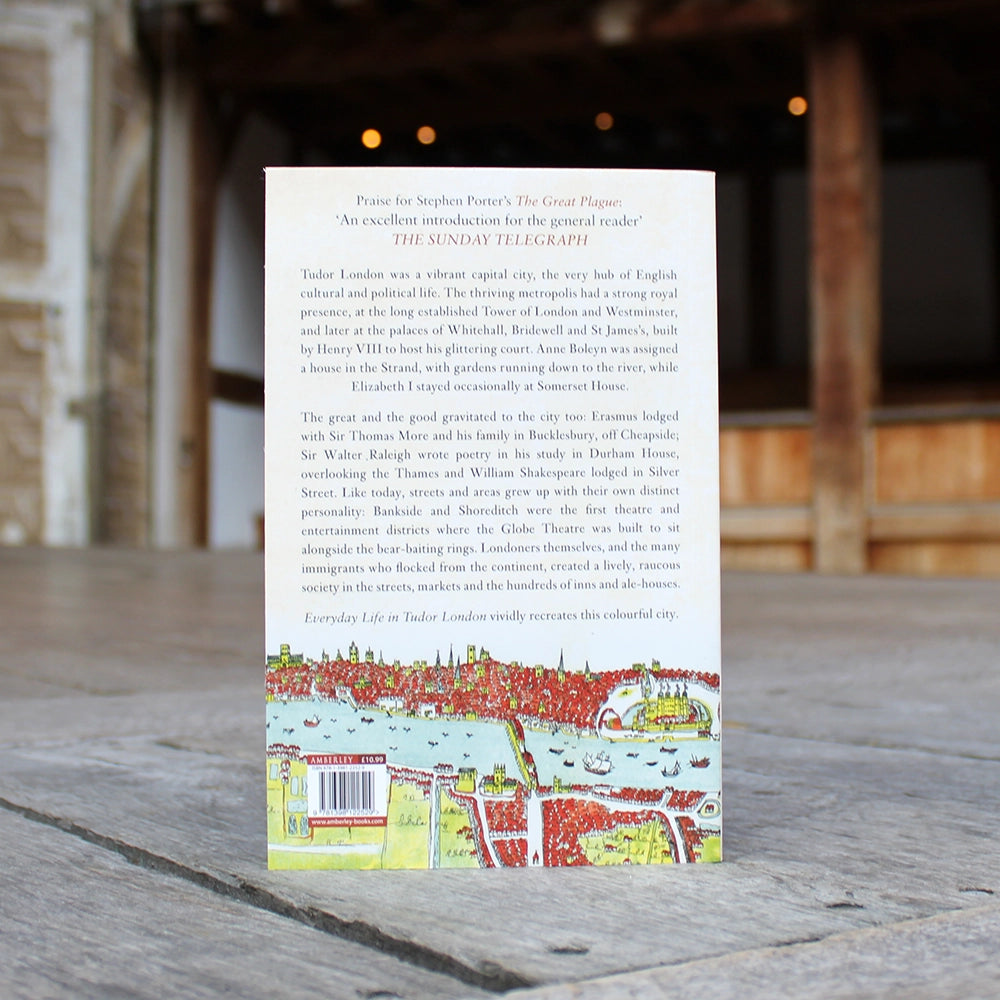 
                  
                    Off white paperback book with graphic map of the Thames and Shakespeare's Globe, with black text
                  
                