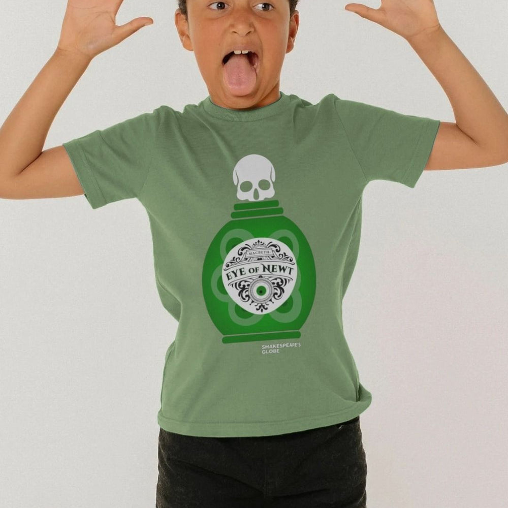 Green kids t-shirt with graphic image of eye of newt green bottle with skull on top