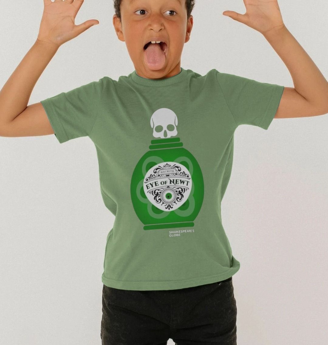 Green kids t-shirt with graphic image of eye of newt green bottle with skull on top