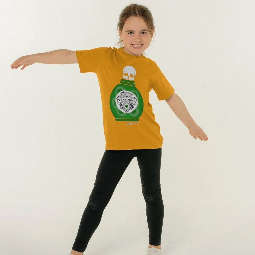 Yellow kids t-shirt with graphic image of eye of newt green bottle with skull on top