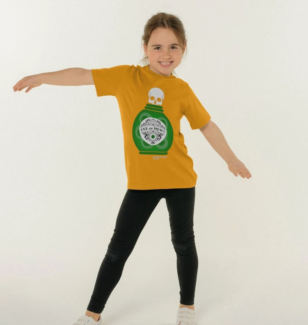 Yellow kids t-shirt with graphic image of eye of newt green bottle with skull on top