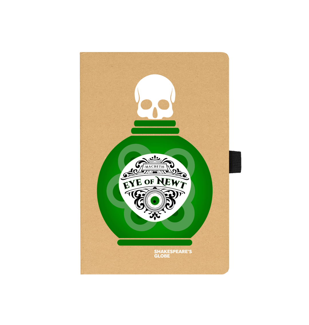 Kraft notebook with graphic depiction of green eye of newt bottle on the front, with black elastic closure on the side