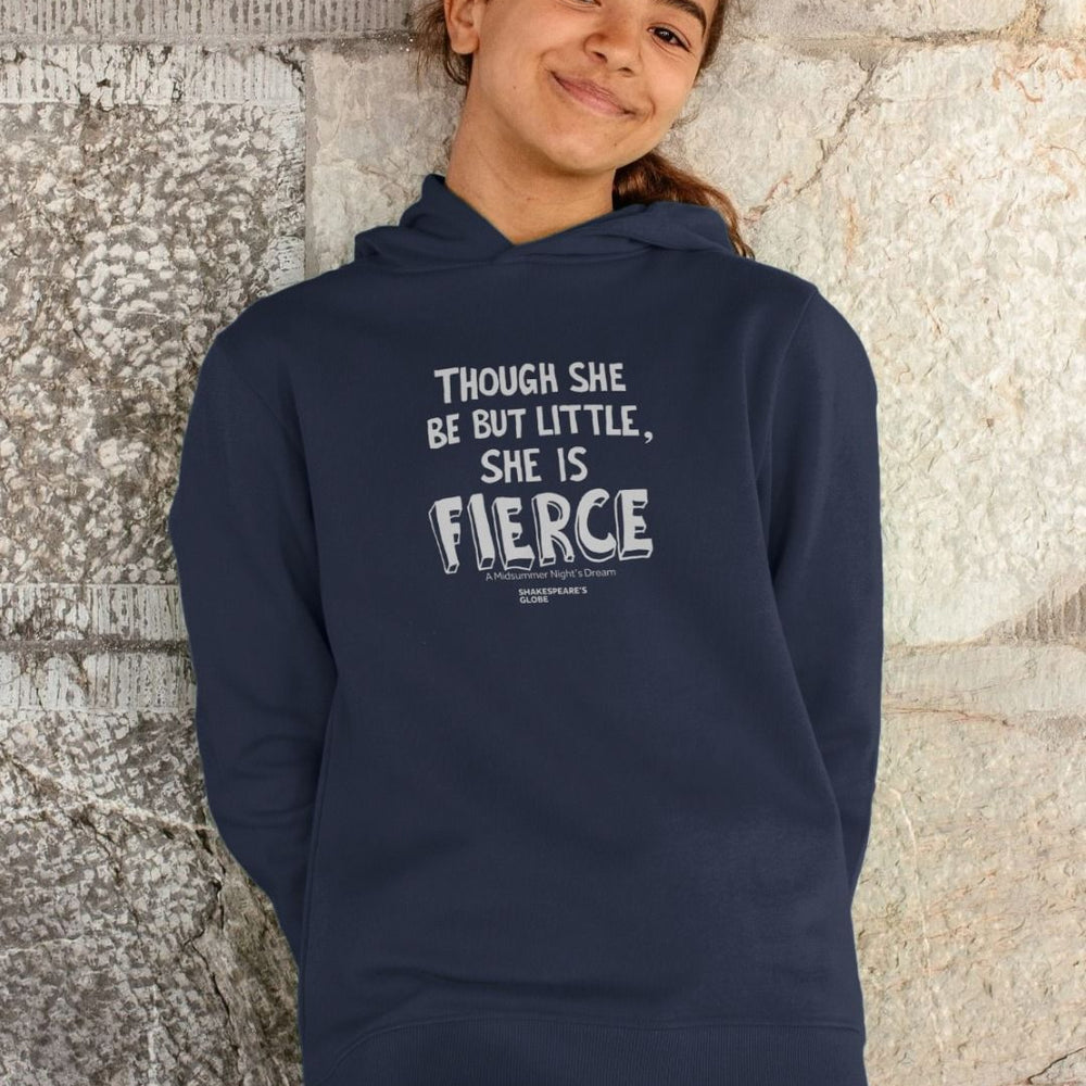 Navy blue children's hoodie with graphic white font design on the centre front