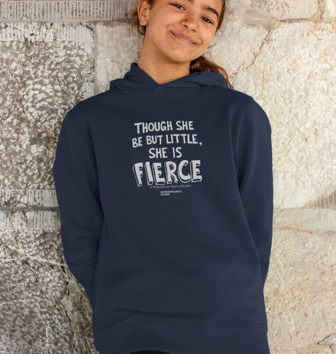 Navy blue children's hoodie with graphic white font design on the centre front