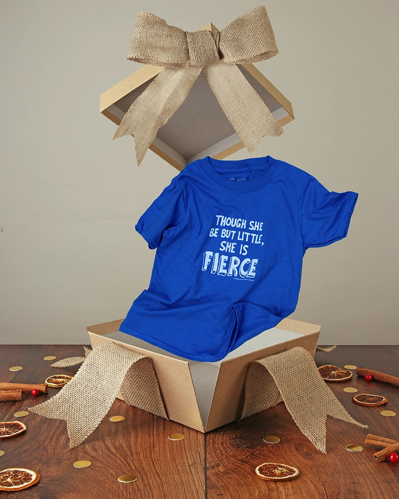 
                  
                    Royal blue kids t-shirt with white graphic text, popping out of a kraft box with hessian bow
                  
                