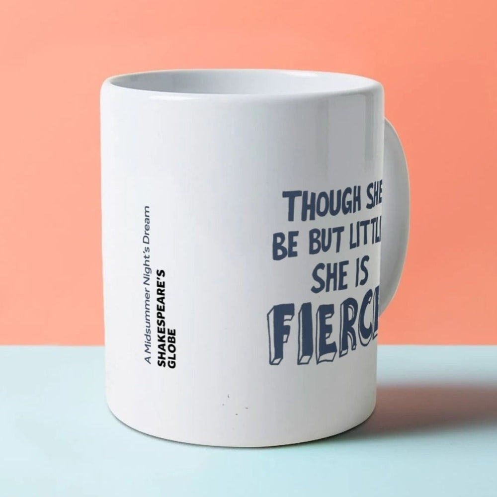 White mug with dark blue stylised 'fierce' quote graphics on either side