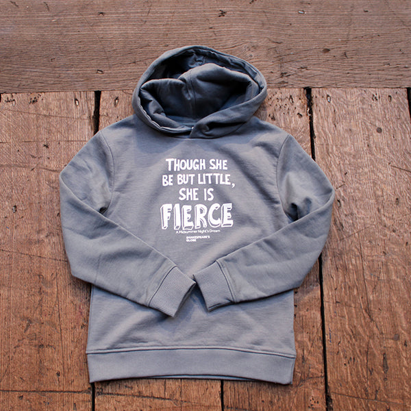 Steely blue children's hoodie with graphic white font design on the centre front