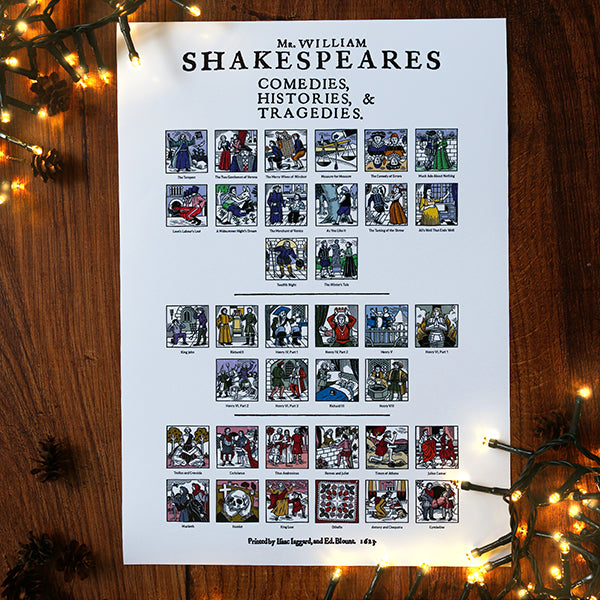 White tea towel of Shakespeare's plays with illustrations on a wooden surface with string lights